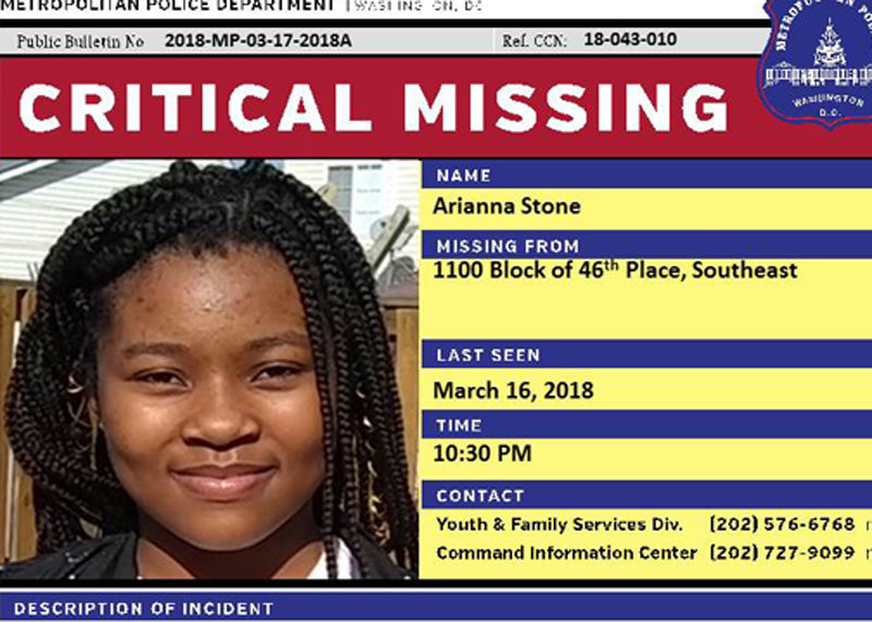 D.C. Police and the FBI are asking for the public's help in finding 11-year-old Arianna Stone, who was last seen in the 1100 block of 46th Place, Southeast on Friday, March 16. She is described as 5'8" and 150 pounds with waist length hair braided hair. She was last seen wearing a pink windbreaker and a black hoodie with red roses on the sleeves. (Courtesy DC Police)