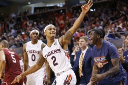 Auburn guard Bryce Brown (2) celebrates after scoring a three-point basket during the second half of an NCAA college basketball game against South Carolina, Saturday, March 3, 2018, in Auburn, Ala. (AP Photo/Brynn Anderson)