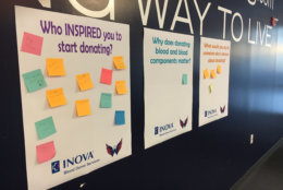 Donors at the Inova Blood Drive at Kettler Capitals Iceplex post their inspiration for giving blood. (WTOP/Keara Dowd) 
