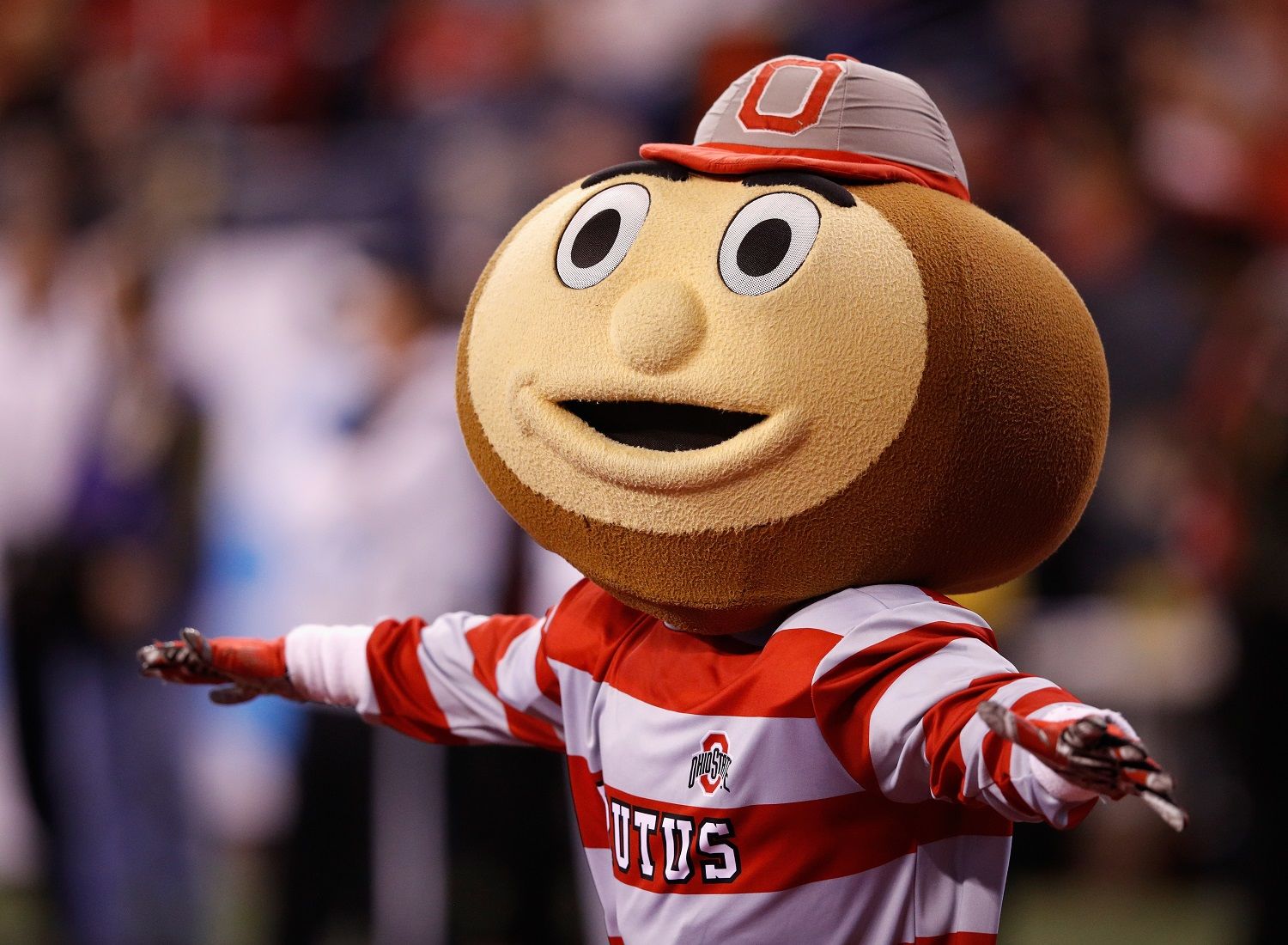 INDIANAPOLIS, IN - DECEMBER 02:  Brutus Buckeye, the mascot for the Ohio State Buckeyes, performs in the first half against the Wisconsin Badgers during the Big Ten Championship game at Lucas Oil Stadium on December 2, 2017 in Indianapolis, Indiana.  (Photo by Joe Robbins/Getty Images)