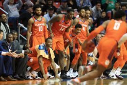 SAN DIEGO, CA - MARCH 18: The Clemson Tigers bench reacts as the near the end of the second half against the Auburn Tigers during the second round of the 2018 NCAA Men's Basketball Tournament at Viejas Arena on March 18, 2018 in San Diego, California. The Clemson Tigers won 84-53.  (Photo by Sean M. Haffey/Getty Images)