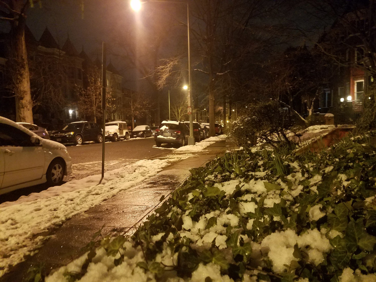 Lamont Street in Columbia Heights in D.C. a little before 5 a.m. on Thursday. While some roads are wet, the fact temperatures stayed above freezing in most areas should help with the Thursday morning commute. (WTOP/Will Vitka)