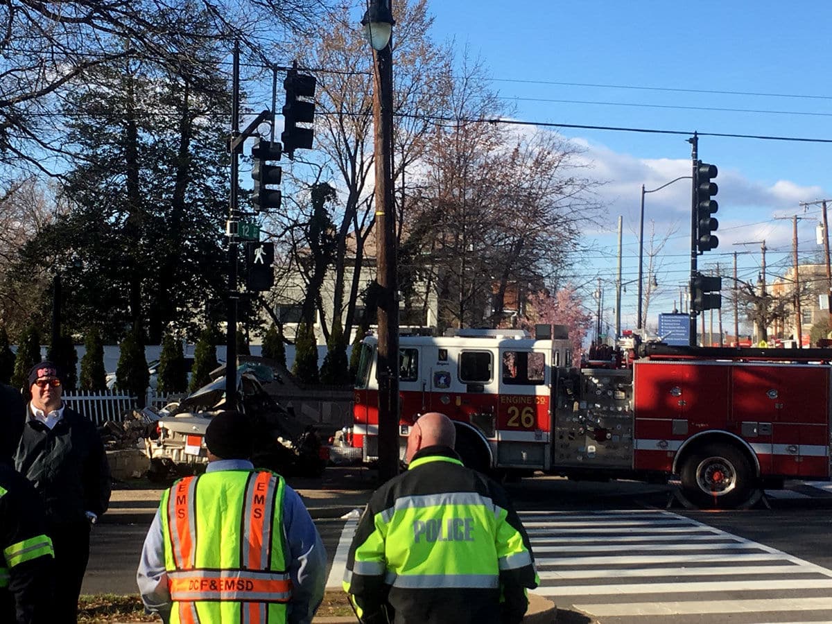 D.C. police said a driver of a  car has died after being struck by a fire truck at the intersection of 12th Street and Rhode Island Avenue in Northeast on Friday, March 9, 2018. (WTOP/Mike Murillo)