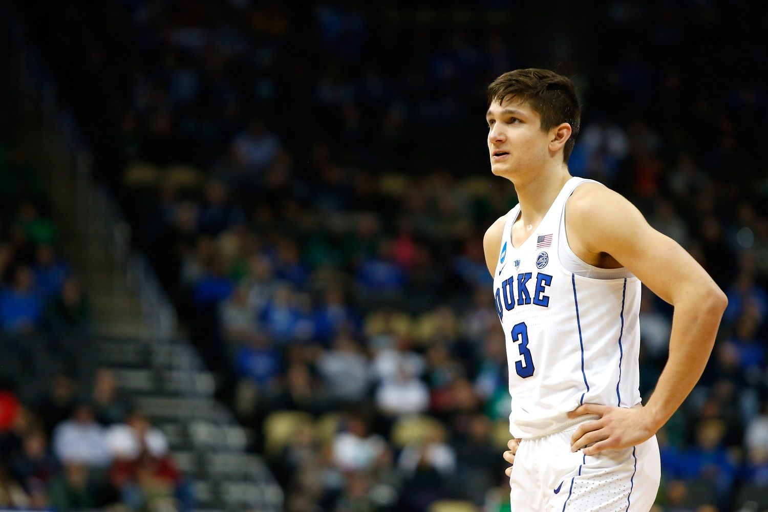 PITTSBURGH, PA - MARCH 17:  Grayson Allen #3 of the Duke Blue Devils looks on against the Rhode Island Rams during the second half in the second round of the 2018 NCAA Men's Basketball Tournament at PPG PAINTS Arena on March 17, 2018 in Pittsburgh, Pennsylvania.  (Photo by Justin K. Aller/Getty Images)