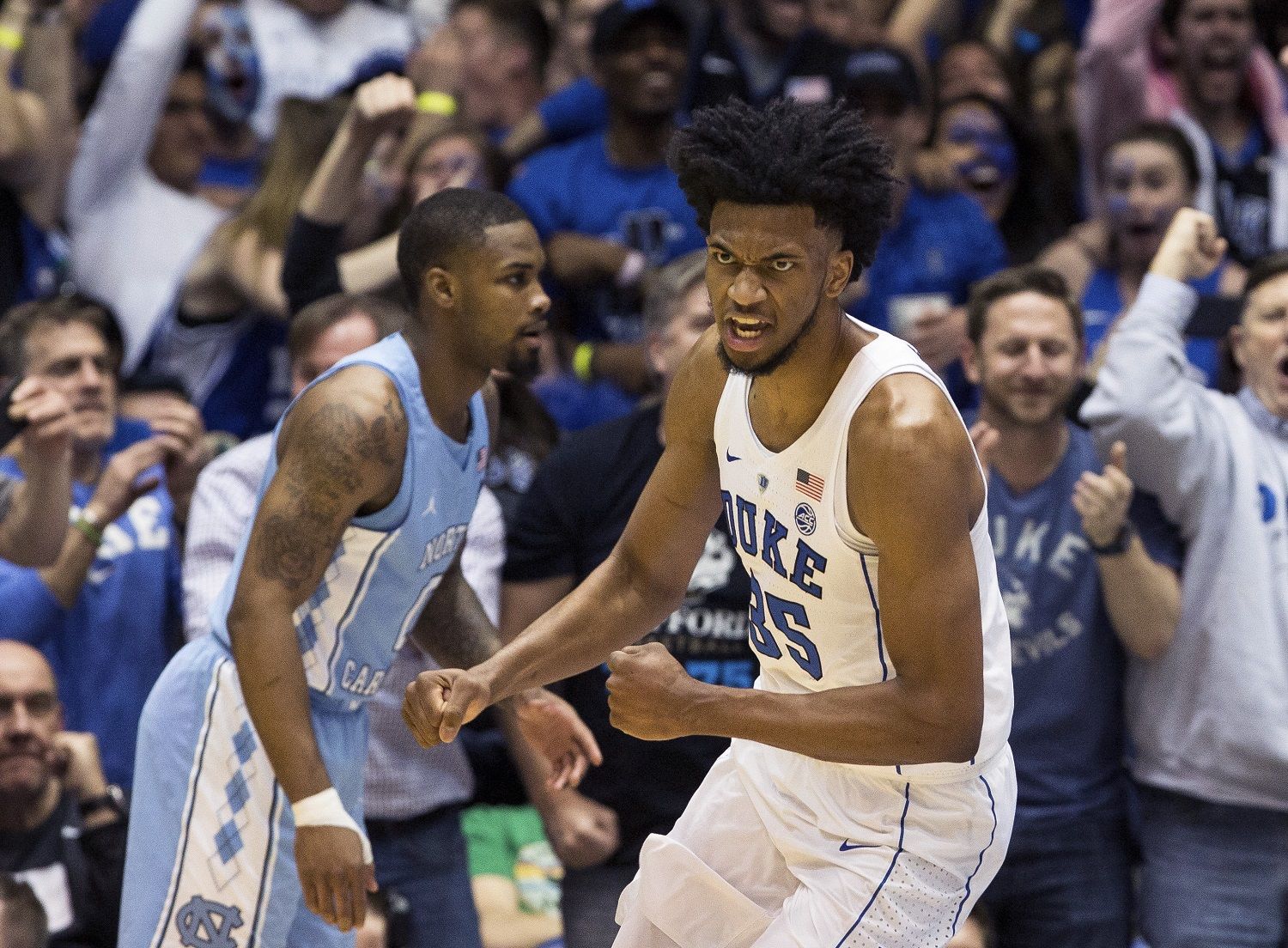 Duke's Marvin Bagley III (35) celebrates after a dunk during the second half of an NCAA college basketball game against North Carolina in Durham, N.C., Saturday, March 3, 2018. Duke won 74-64. (AP Photo/Ben McKeown)