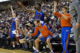Members of the Florida Gators bench react after a teammate hit a three pointer against Texas A&amp;M during the second half of an NCAA college basketball game Tuesday, Jan. 2, 2018, in College Station, Texas. Florida won, 83-66. (AP Photo/Sam Craft)