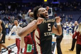 NASHVILLE, TN - MARCH 18:  PJ Savoy #5 of the Florida State Seminoles reacts after defeating the Xavier Musketeers during the second half in the second round of the 2018 Men's NCAA Basketball Tournament at Bridgestone Arena on March 18, 2018 in Nashville, Tennessee.  (Photo by Frederick Breedon/Getty Images)