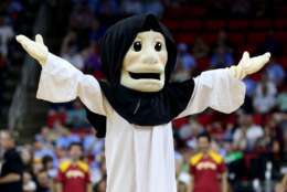 RALEIGH, NC - MARCH 17:  Providence Friars mascot Friar Dom performs in the first half against the USC Trojans during the first round of the 2016 NCAA Men's Basketball Tournament at PNC Arena on March 17, 2016 in Raleigh, North Carolina.  (Photo by Streeter Lecka/Getty Images)