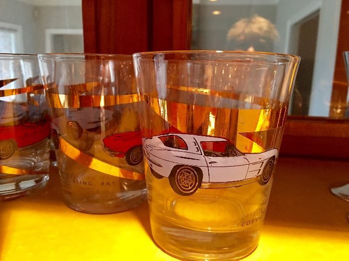 Car racing-themed double Old Fashioned glasses from John Glenn's estate. (Courtesy Greater Washington Estate Services)