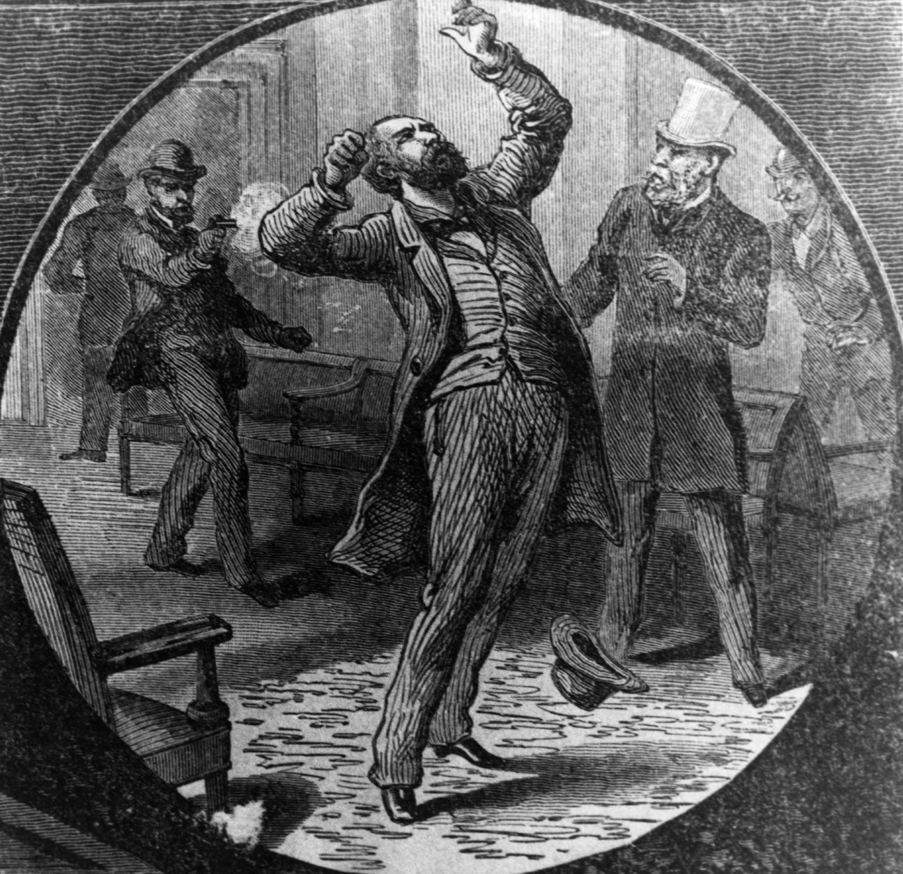 The assassination of President Garfield (1831 - 1881) by Charles Guiteau.   (Photo by Three Lions/Getty Images)