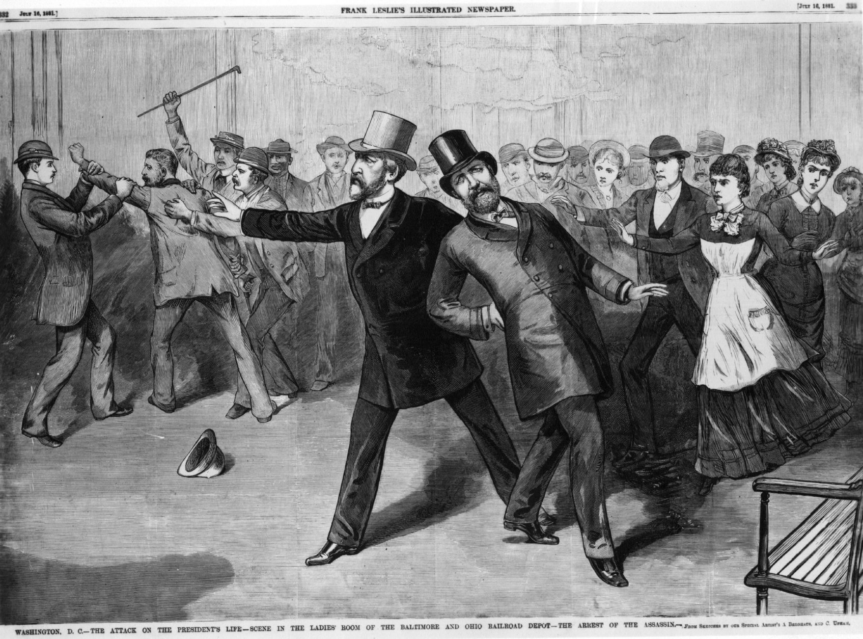 James Abram Garfield (1831 - 1881) 20th President of the United States being assassinated at Baltimore Station, Ohio. Following his support of civil service reform he was shot by Charles Guiteau, a disappointed office seeker.  Original Publication: People Disc - HD0136   (Photo by Hulton Archive/Getty Images)