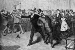 James Abram Garfield (1831 - 1881) 20th President of the United States being assassinated at Baltimore Station, Ohio. Following his support of civil service reform he was shot by Charles Guiteau, a disappointed office seeker.  Original Publication: People Disc - HD0136   (Photo by Hulton Archive/Getty Images)