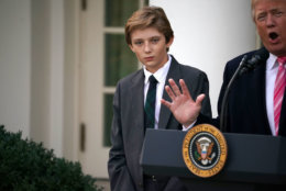 WASHINGTON, DC - NOVEMBER 21:  Barron Trump joins his father U.S. President Donald Trump as he makes remarks before pardoning the National Thanksgiving Turkey with National Turkey Federation Chairman Carl Wittenburg and his family in the Rose Garden at the White House November 21, 2017 in Washington, DC. Following the presidential pardon, 'Drumstick,' the 40-pound White Holland breed which was raised by Wittenburg in Minnesota, will then reside at his new home, 'Gobbler's Rest,' at Virginia Tech.  (Photo by Chip Somodevilla/Getty Images)
