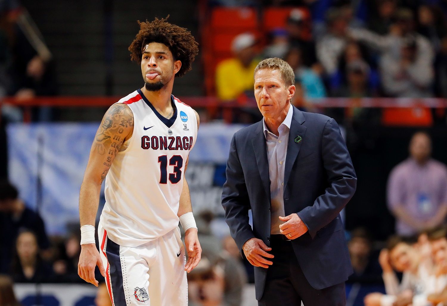 BOISE, ID - MARCH 17:  Josh Perkins #13 stands with head coach Mark Few of the Gonzaga Bulldogs during the second half against the Ohio State Buckeyes in the second round of the 2018 NCAA Men's Basketball Tournament at Taco Bell Arena on March 17, 2018 in Boise, Idaho.  (Photo by Kevin C. Cox/Getty Images)