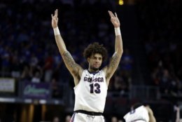 Gonzaga's Josh Perkins reacts after sinking a 3-point shot during the second half of the West Coast Conference tournament championship NCAA college basketball game BYU Tuesday, March 6, 2018, in Las Vegas. Gonzaga defeated BYU 74-54. (AP Photo/Isaac Brekken)