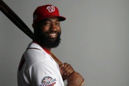 This is a 2018 photo of Brian Goodwin of the Washington Nationals baseball team. This image reflects the Nationals active roster as of Feb. 22, 2018 when this image was taken. (AP Photo/Jeff Roberson)