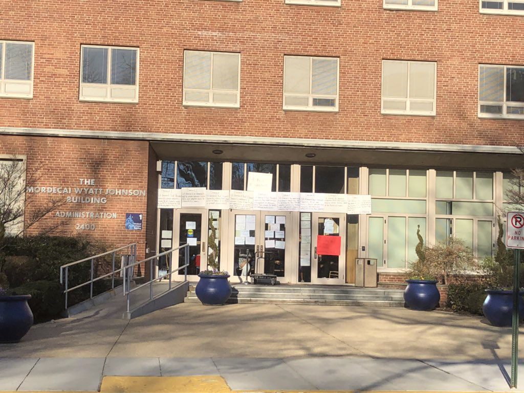 The administration building on Howard University's campus is still closed to everyone but students after students began a sit-in in the building on Thursday. Students said they expect to meet with all nine board members on Saturday morning. (WTOP/Melissa Howell)