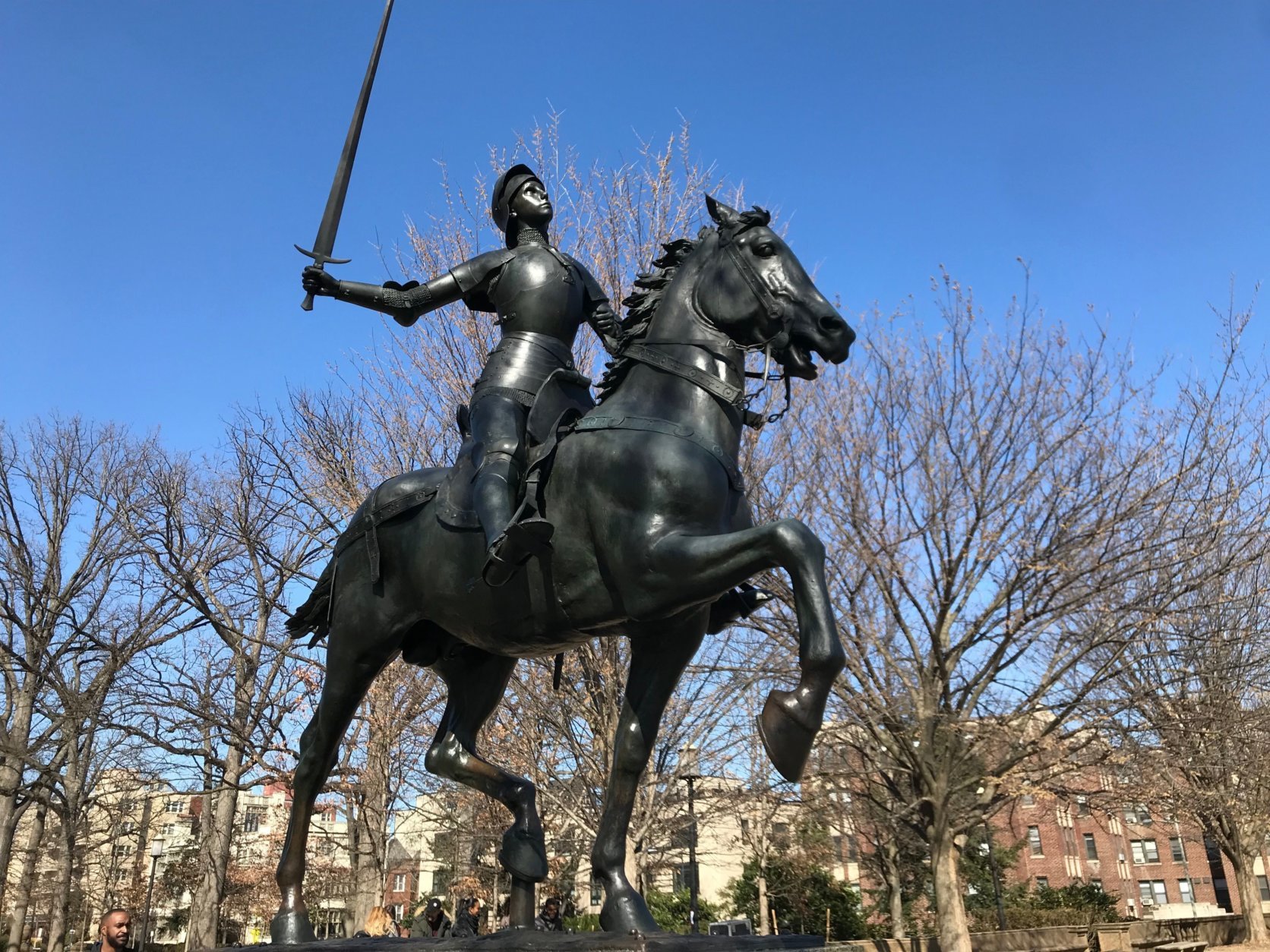 The missing sword in the Joan of Arc statute that lives in Meridian Hill Park has been replaced. (WTOP/Dick Uliano)