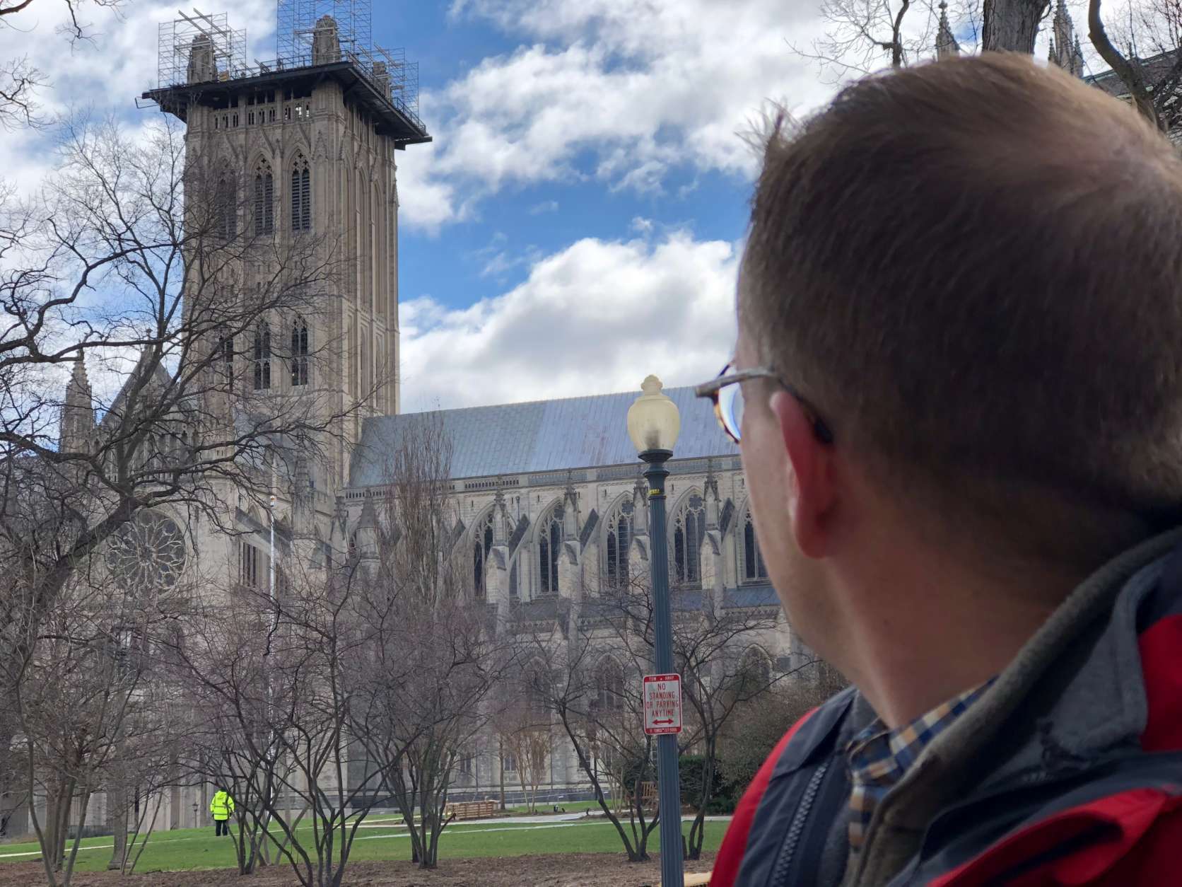 The high winds forced National Cathedral officials to send workers and visitors home, over concerns that it could blow loose scaffolding on the central tower. The tower is still undergoing repairs after the 2011 earthquake. (WTOP/Kate Ryan)