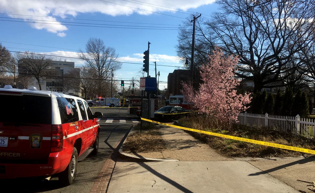 The driver of the car that collided with the fire truck was seriously hurt, and later died, police said. (WTOP/Mike Murillo)