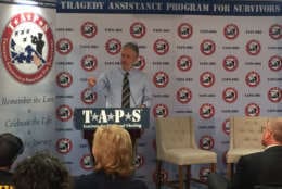Comedian and former host of "The Daily Show" Jon Stewart speaks at the launch of the TAPS Institute for Hope and Healing on Monday, March 5, 2018 in Arlington, Virginia. He was the first speaker of the event. (WTOP/Mike Murillo)