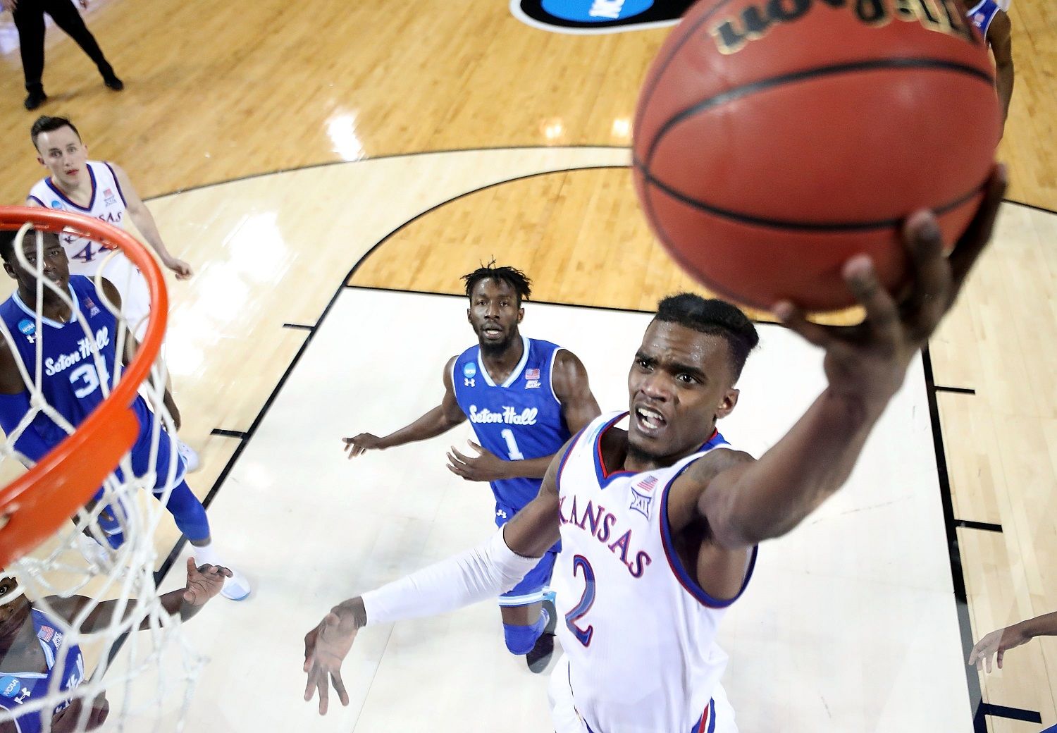 WICHITA, KS - MARCH 17:  Lagerald Vick #2 of the Kansas Jayhawks drives to the basket against Seton Hall during the second round of the 2018 NCAA Men's Basketball Tournament at INTRUST Arena on March 17, 2018 in Wichita, Kansas.  (Photo by Jeff Gross/Getty Images)