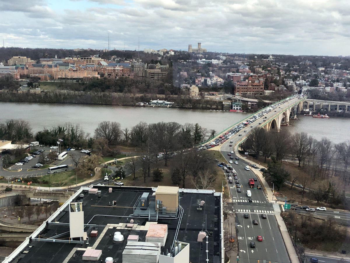 A downed tree led to major traffic delays on the Key Bridge into Georgetown. (Courtesy Warren Dahlstrom via Twitter)