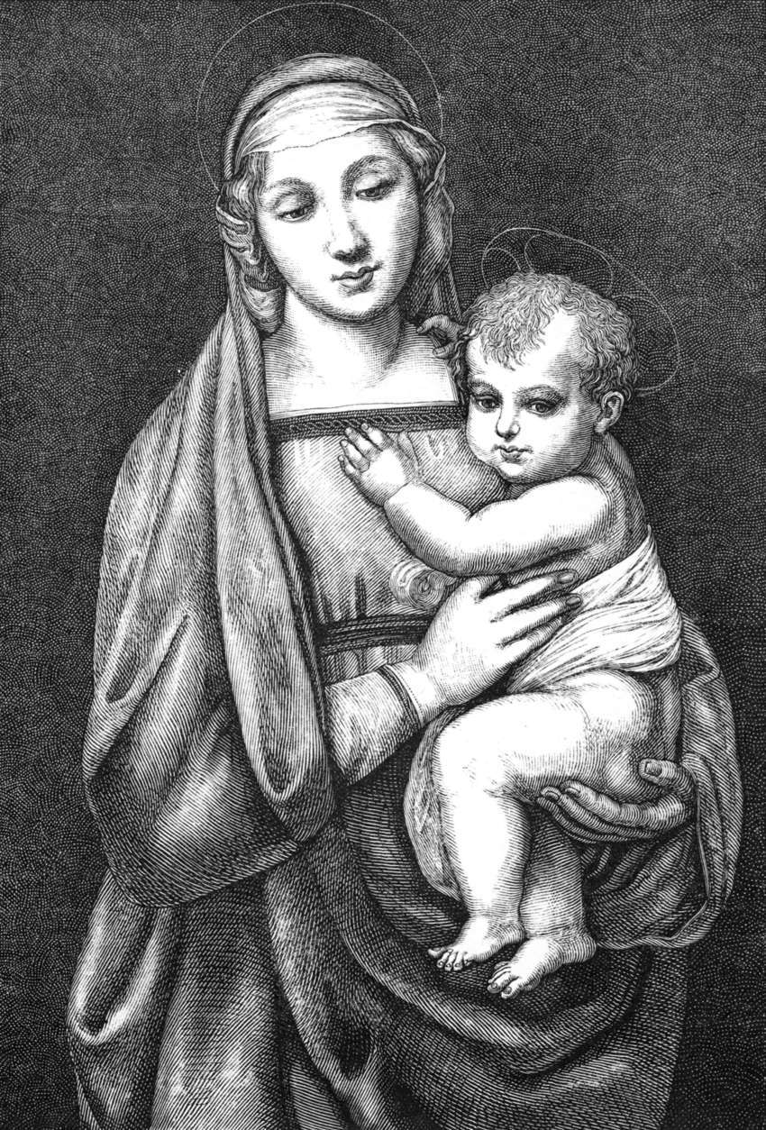 Scan of an antique woodcut "The Madonna della gran duca" from the painting by Raphael (Raffaello Sanzio da Urbino) (1483 - 1520) in the Pitti Palace, Florence (Thinkstock)