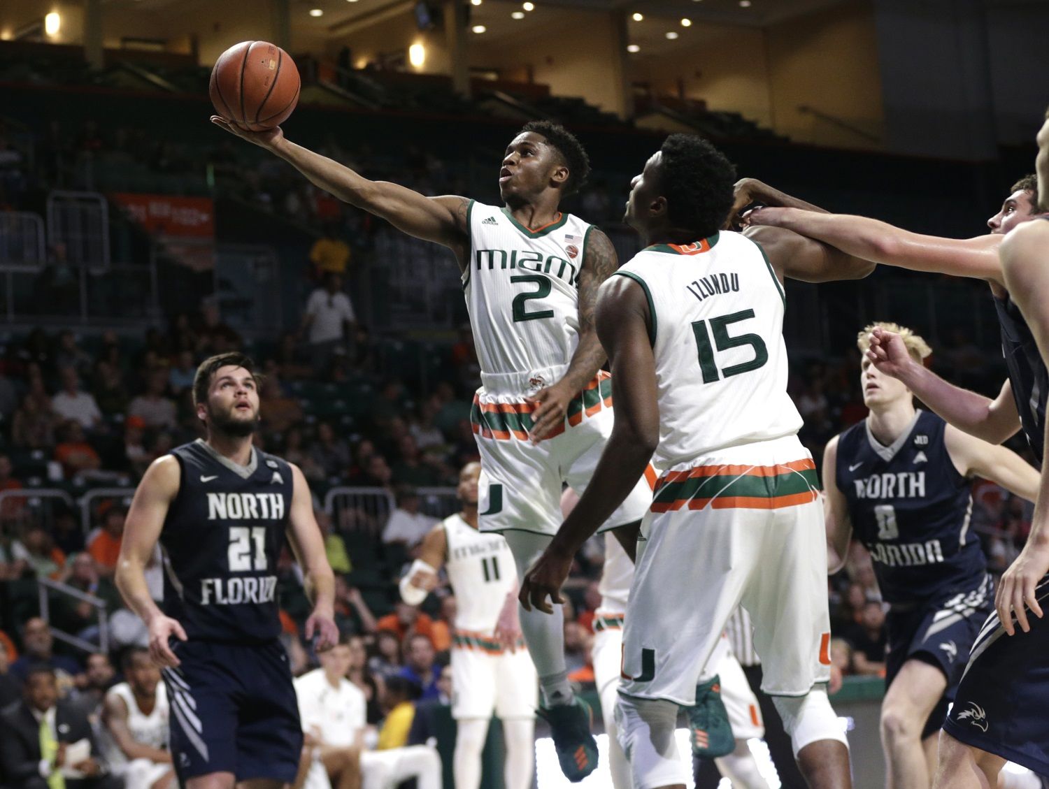 FILE - In this Nov. 25, 2017, file photo, Miami's Chris Lykes (2) goes to the basket during the second half of an NCAA college basketball game against North Florida, in Coral Gables, Fla. Lykes is 5-foot-7 and part of the most highly regarded recruiting class in coach Jim Larranaga’s seven seasons at Miami. (AP Photo/Lynne Sladky, File)