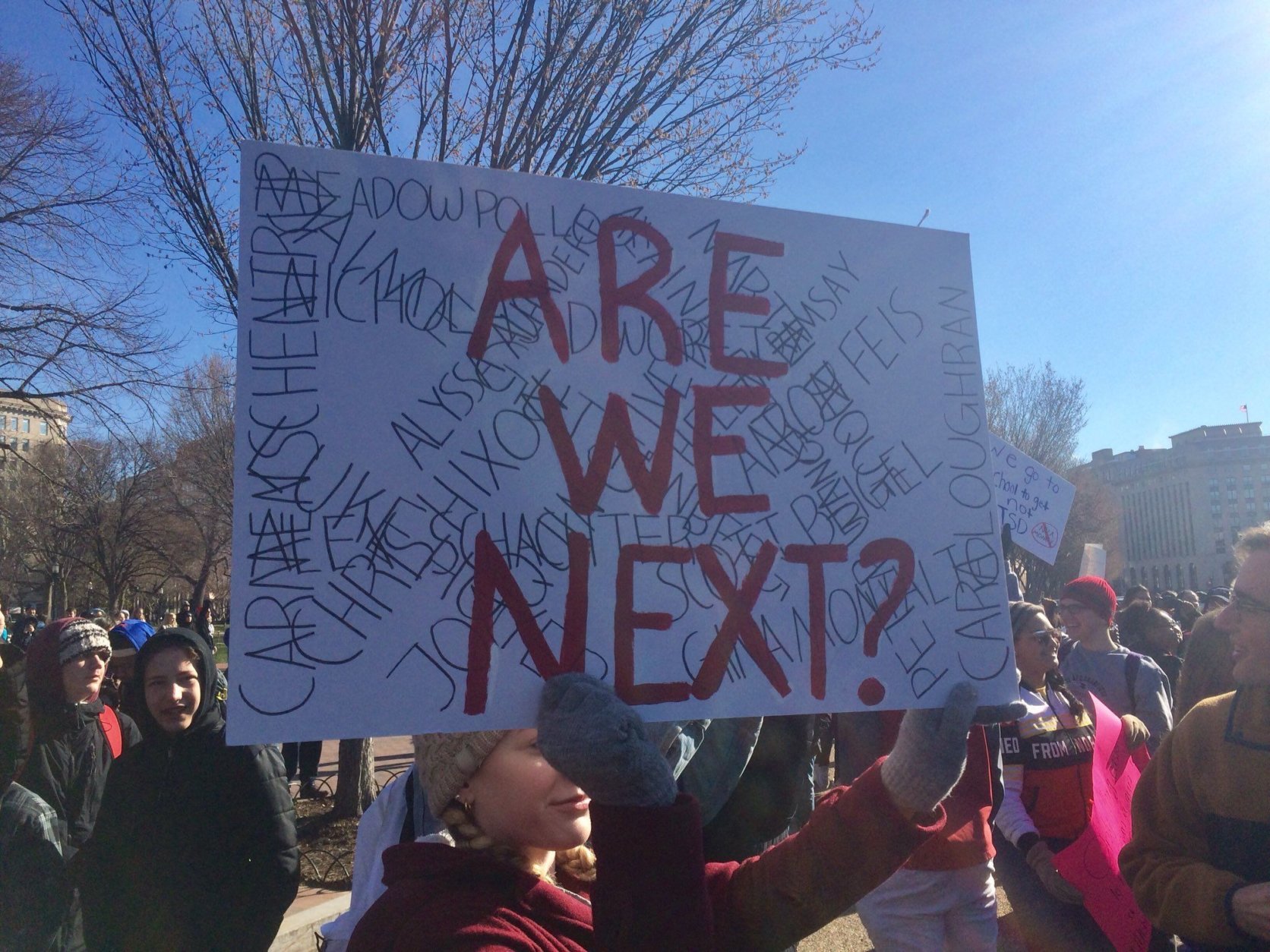 A sign at the National School Walkout, in front of the Capitol on March 14, 2018. (WTOP/Nick Iannelli)