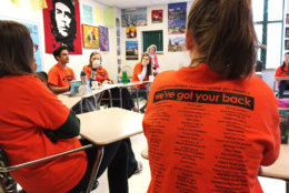 Students discuss gun violence ahead of a walkout at East Chapel Hill High School on Wednesday, March 14, 2018, in Chapel Hill, N.C. (AP Photo/Jonathan Drew)