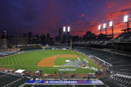 Comerica Park seen here before Game 3 of the 2012 World Series is the home of the Detroit Tigers. It comes in at No. 10 on the list with an average cost of $75.50. File. (AP Photo/Paul Sancya )