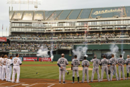 The Oakland Coliseum, seen here on Opening Day in 2011, is home to the Oakland A's and has a number of problems lately, including raw sewage flooding the dugouts. It still ranks at No. 12 on the list with an average cost of $73.67. File. (AP Photo/Ben Margot)