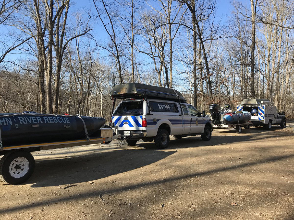 Boats deployed by Montgomery County Fire and Rescue on March 18, 2018 to rescue an injured person from rocks on the Virginia bank of the Potomac River. (Courtesy of Montgomery County Fire and Rescue)