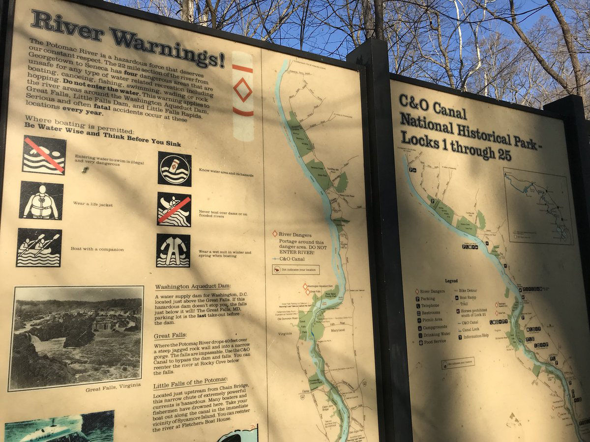 A warning posted next to the Potomac River. Montgomery County Fire and Rescue saved an injured person from the water on March 18, 2018. (Courtesy of Montgomery County Fire and Rescue)