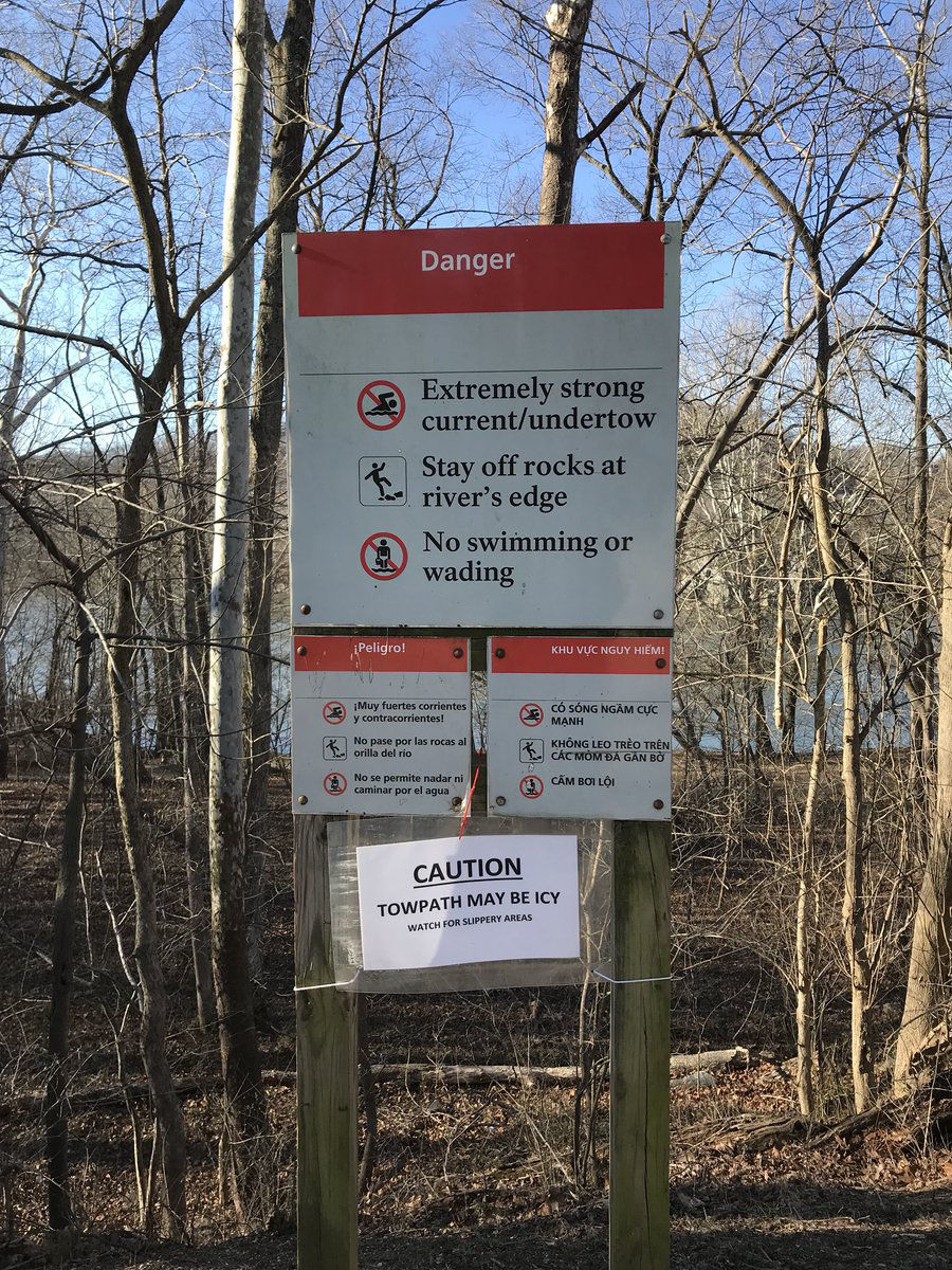 A warning posted next to the Potomac River. Montgomery County Fire and Rescue saved an injured person from the water on March 18, 2018. (Courtesy of Montgomery County Fire and Rescue)