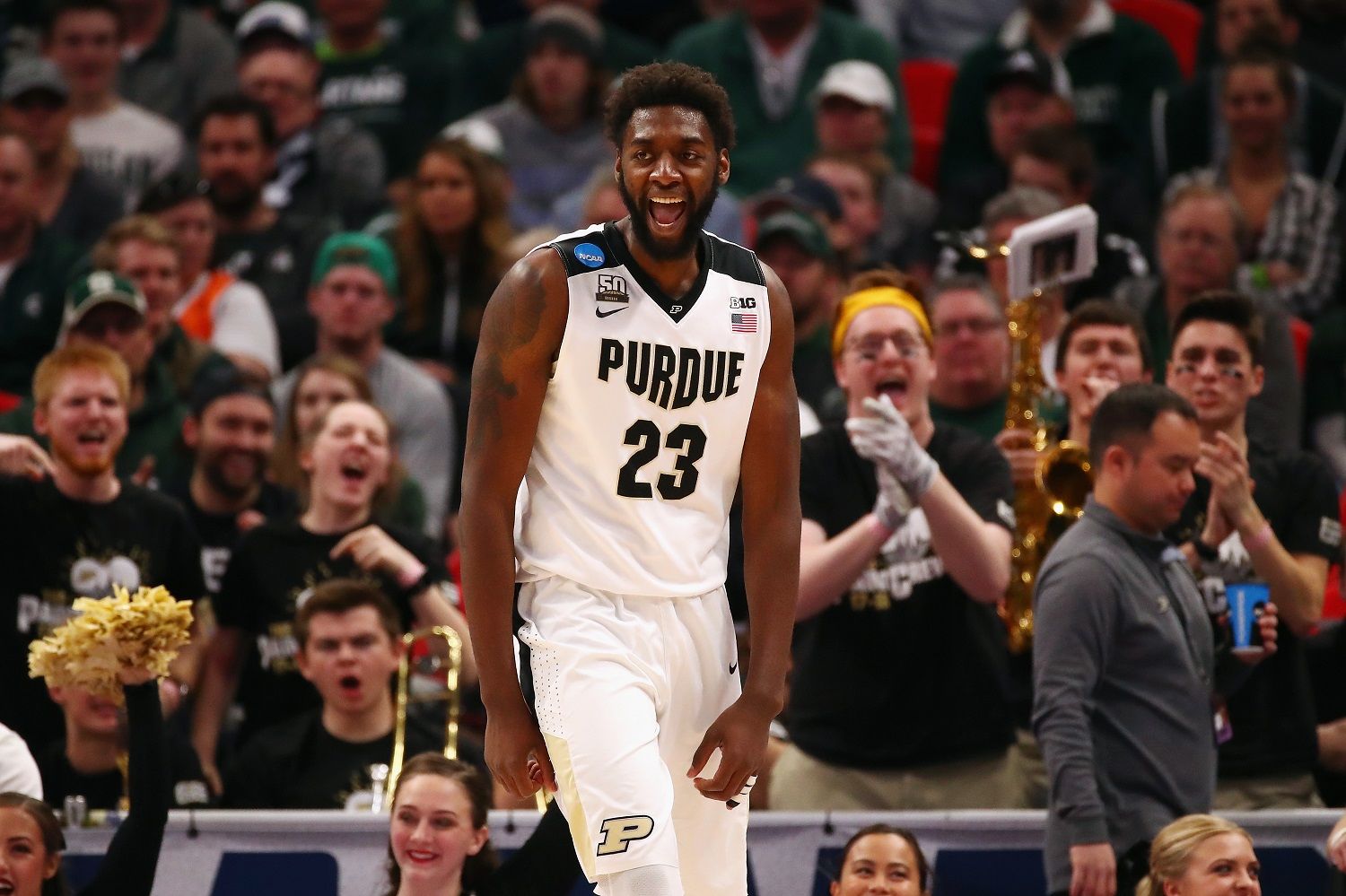 DETROIT, MI - MARCH 18:  Jacquil Taylor #23 of the Purdue Boilermakers reacts during the second half against the Butler Bulldogs in the second round of the 2018 NCAA Men's Basketball Tournament at Little Caesars Arena on March 18, 2018 in Detroit, Michigan.  (Photo by Gregory Shamus/Getty Images)
