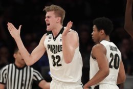 Purdue forward Matt Haarms (32) reacts after a turnover against Rutgers during the first half of an NCAA Big Ten Conference tournament college basketball game, Friday, March 2, 2018, in New York. (AP Photo/Julie Jacobson)