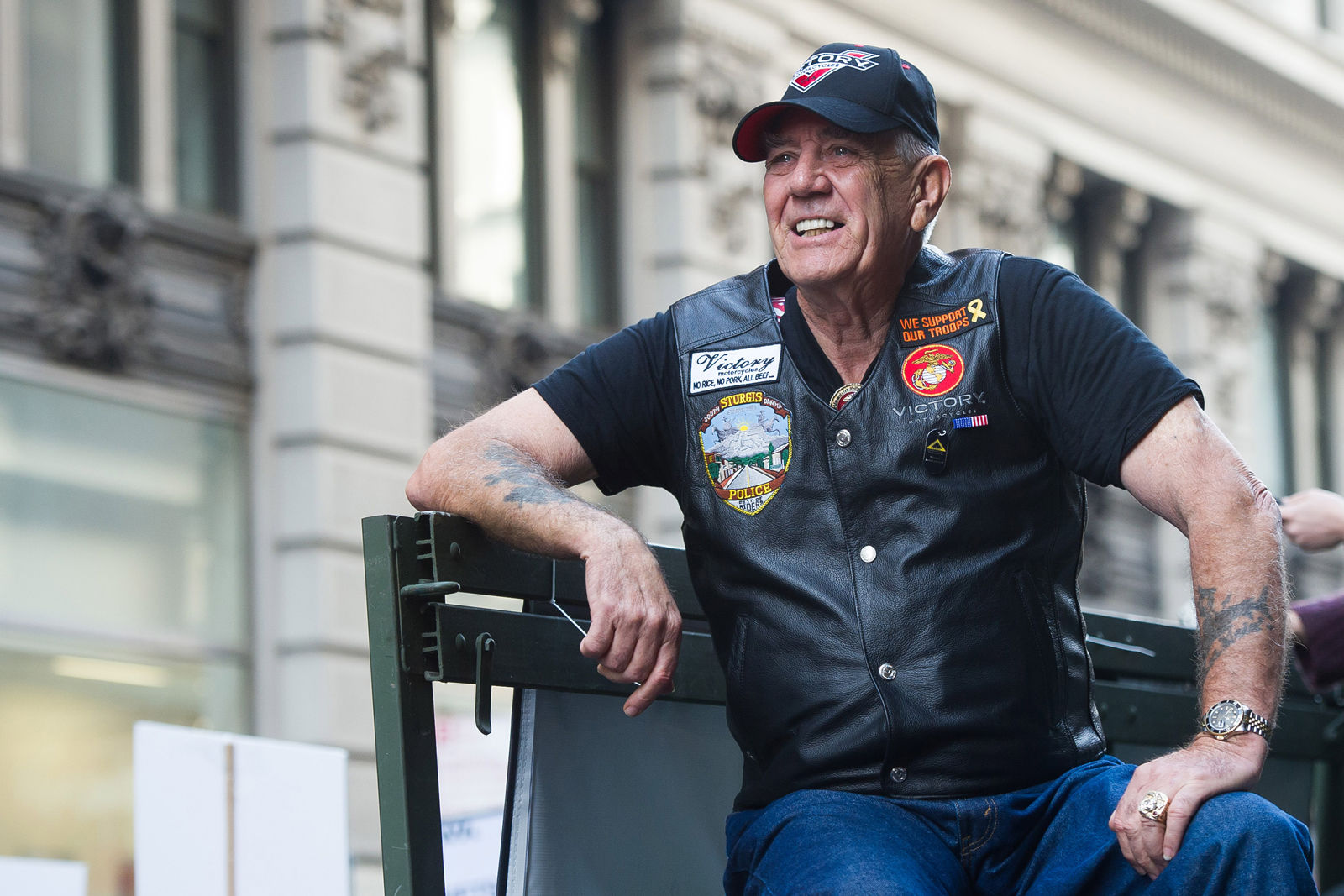 Vietnam veteran and character actor R. Lee “Gunny” Ermey joined 700 Veterans, 12 riding Victory Motorcycles and a 5-ton truck as part of the IAVA/Victory Motorcycles presence at America’s Parade on Tuesday, Nov. 11, 2014 in New York.  Iraq and Afghanistan Veterans of America and Victory Motorcycles have created “The Road Home” campaign where $500 is donated to IAVA for each Victory Motorcycle sold. (Charles Sykes/ AP Images for IAVA and Victory Motorcycles)