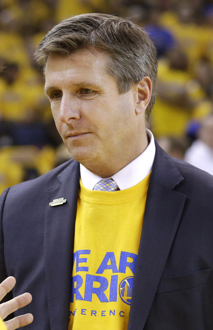 Golden State Warriors President and Chief of Operations Rick Welts before Game 3 of a Western Conference semifinal NBA basketball playoff series against the San Antonio Spurs in Oakland, Calif., Friday, May 10, 2013. (AP Photo/Jeff Chiu)