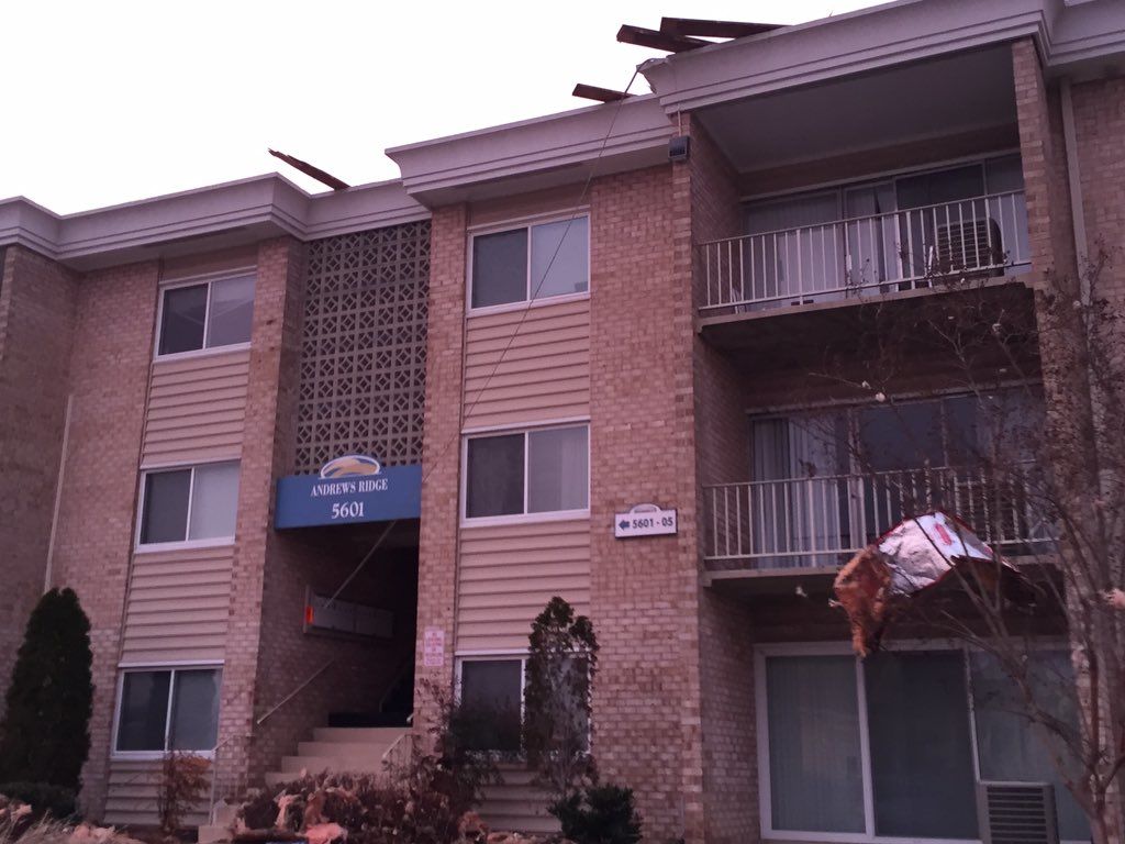 The Andrews Ridge apartments were evacuated Friday after wind pressure took down a wall. (Courtesy Prince George's County Fire and EMS/Mark Brady)