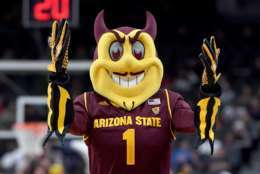 LAS VEGAS, NV - MARCH 07:  Arizona State Sun Devils mascot Sparky the Sun Devil stands on the court during the team's first-round game of the Pac-12 basketball tournament against the Colorado Buffaloes at T-Mobile Arena on March 7, 2018 in Las Vegas, Nevada. The Buffaloes won 97-85.  (Photo by Ethan Miller/Getty Images)