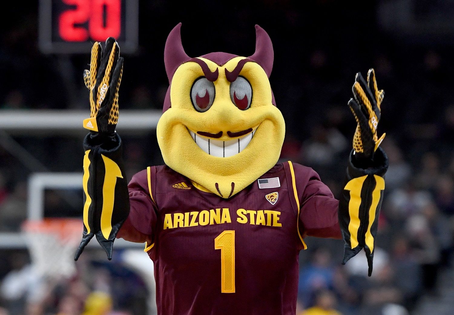 LAS VEGAS, NV - MARCH 07:  Arizona State Sun Devils mascot Sparky the Sun Devil stands on the court during the team's first-round game of the Pac-12 basketball tournament against the Colorado Buffaloes at T-Mobile Arena on March 7, 2018 in Las Vegas, Nevada. The Buffaloes won 97-85.  (Photo by Ethan Miller/Getty Images)