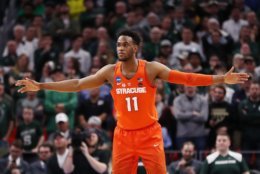 DETROIT, MI - MARCH 18:  Oshae Brissett #11 of the Syracuse Orange plays defense during the second half against the Michigan State Spartans in the second round of the 2018 NCAA Men's Basketball Tournament at Little Caesars Arena on March 18, 2018 in Detroit, Michigan.  (Photo by Elsa/Getty Images)