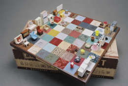 Rachel Whiteread, Modern Chess Set, 2005; Carpet, linoleum, plywood, beech, plasticized resins, foil, white metal, fabric, enamel, varnish, aluminum wire, brass, ink, chrome, gloss paint, metal wire, foam, and fabric handles, 26 3/8 x 26 3/8 x 1 1/8 in.; Courtesy of the artist and Luhring Augustine, New York; © Rachel Whiteread; Courtesy of the artist; Luhring Augustine, New York; Lorcan O’Neill, Rome; and Gagosian Gallery