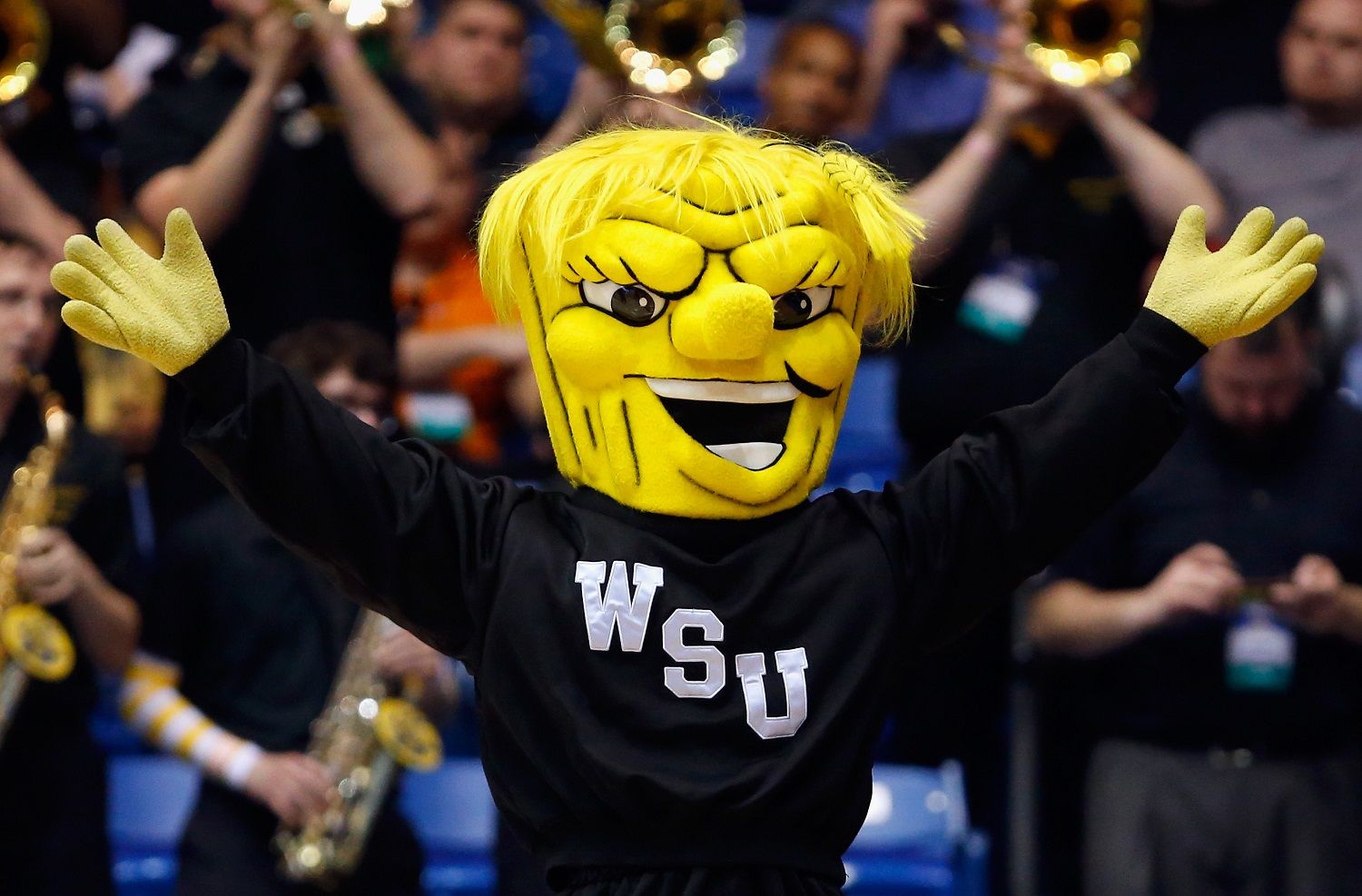 DAYTON, OH - MARCH 15:  The Wichita State Shockers mascot performs during the game between the Wichita State Shockers and the Vanderbilt Commodores in the first round of the 2016 NCAA Men's Basketball Tournament at UD Arena on March 15, 2016 in Dayton, Ohio.  (Photo by Gregory Shamus/Getty Images)