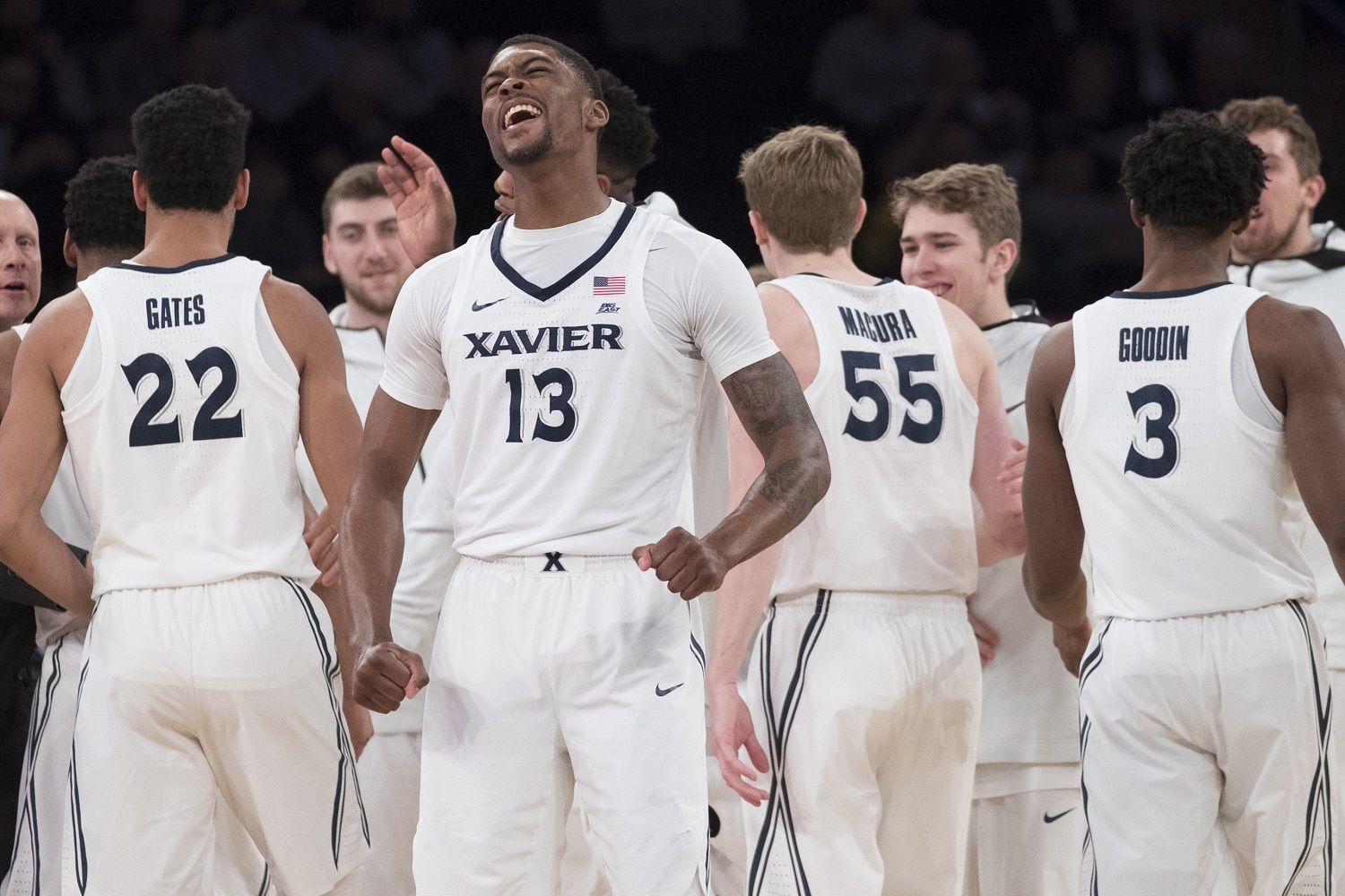 Xavier forward Naji Marshall (13) reacts during a time out in the second half of an NCAA college basketball game against St. John's in the quarterfinals of the Big East conference tournament, Thursday, March 8, 2018, at Madison Square Garden in New York. Xavier won 88-60. (AP Photo/Mary Altaffer)