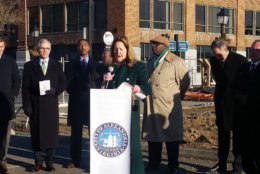 Alexandria Mayor Allison Silberberg, along with city council members, former Alexandria Mayor Bill Euille, Congressman Don Beyer and Alexandria residents came out on a frigid morning for the ceremony. (WTOP/Kathy Stewart)