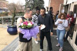 Groceries, pizza and even flowers have been delivered to the Howard University administration building. In addition, alumni have been stopping by to talk to protesters and offer their encouragement. (WTOP/Michelle Basch)