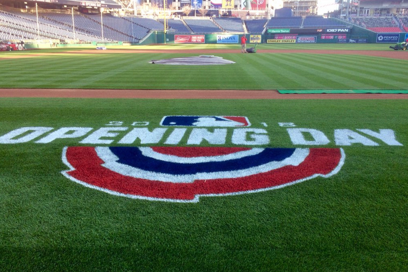 The field at Nationals Park looks pristine ahead of Thursday's home opener. (WTOP/Nick Iannelli)